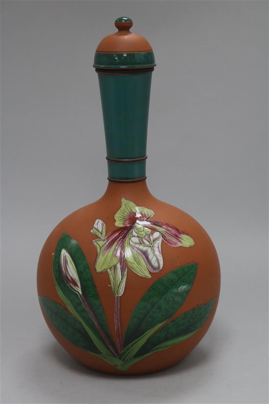 An 19th century Commondale Pottery, Stokesley, terracotta water bottle and cover, H approx 10in (26cm)